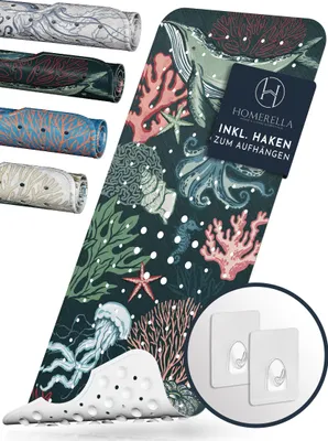 A bath mat with a marine life pattern is shown, along with several rolled-up bath mats of different designs and two adhesive hooks.