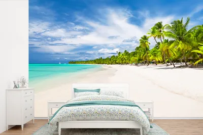 Produktbild von MuchoWow® Fototapete für Wohnzimmer oder Schlafzimmer Wandtapete Vinyl Motivtapete Strand - Meer - Palmen - 450x300 cm - Gemusterte