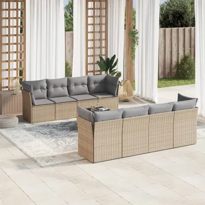 Produktbild von Design 9-tlg. Garten-Sofagarnitur mit Kissen Beige Poly Rattan, Gartenmöbel-Sets 2024