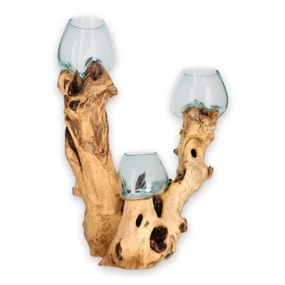 Produktbild von Wurzelholz Deko mit Glas groß, 3 mundgeblasene Glasgefäße, ca. 55 cm, Unikat