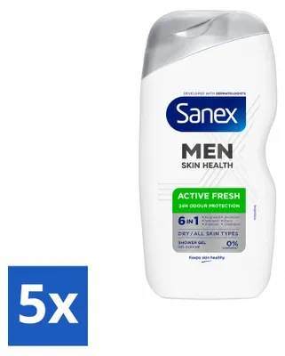 Imagen del producto de 5 unidades de gel de ducha Sanex Men Active Fresh, 6 en 1, 400 ml. Paquete económico