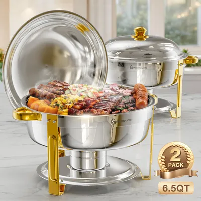 Obrázok produktu pre WARMOUNTS Chafing Dish, sada 2 ks, 6,5 QT, nerezový ohrievač jedál s okrúhlym tvarom a držiakom na veko, vhodný pre catering, svadby a oslavy, strieborný