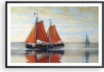 Produktbild von Gerahmtes Poster - Schwarzer Rahmen - Segelschiffe Öl Orange - 91,5x61 cm - Wand Bild - Wanddeko - Wandbilder - Kunstposter - Wandposter - Bilderrahmen - Bilder - Kunstdruck - P2BAA91x61-4404