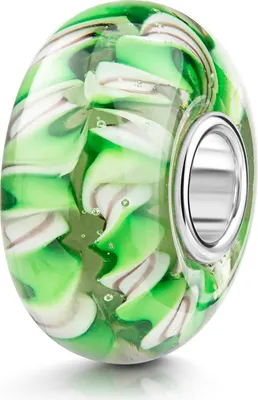 Produktbild von MATERIA by Matthias Wagner Glas Charm mit Muster grün weiß Bead Perle für Armbänder / Ketten mit Silber Hülse 679