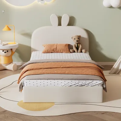 Produktbild von MODFU Polsterbett Kinderbett 90×200 cm mit Lattenrost aus holz, Jugendbett Einzelbett mit Kopfteil in Kaninchenform(Ohne Matratze), Samt Beige