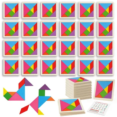 Produktbild von Tangram Puzzle Legespiel Denkspiel - Holz - 24 Teile - 7 Farben - Für Kinder und Erwachsene