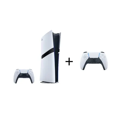 A PlayStation 5 console with two controllers and a plus sign in between.