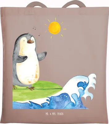 Produktbild von Mr. & Mrs. Panda Tote Bag Pinguin Surfer - Braun Pastell - Geschenk, Urlaub, Laptoptasche, Motiviert, Portugal, Hawaii, totebag, Tasche, Jutebeutel, Schultasche