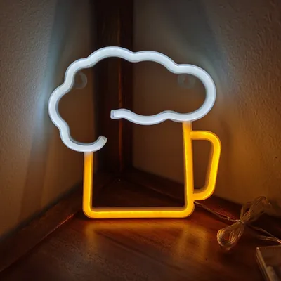 Image de Enseigne LED néon verre à bière jaune/blanc 23 x 22 cm - Décoration murale Beer pour bar et salle de fête - Double alimentation USB ou piles