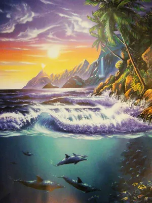 Produktbild von Schwarzlicht Poster | Pacific Dream | 64x90cm | ungerahmt | Kunstdruck | Fantasy | Wandbild | Wandposter | Meer | Delphine