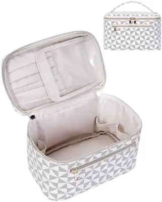 Produktbild von PolkaHome® Reise-Make-up-Tasche mit Bürstenfach, große Kunstleder-Kosmetik-Organizer mit Henkel, wasserdicht für Damen, Schachbrettmuster