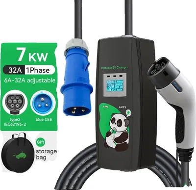 Immagine prodotto di Caricabatterie portatile per veicoli elettrici, potenza 7 kW, corrente regolabile 6A-32A, 7 kW 32 A 1 fase, TYPE2