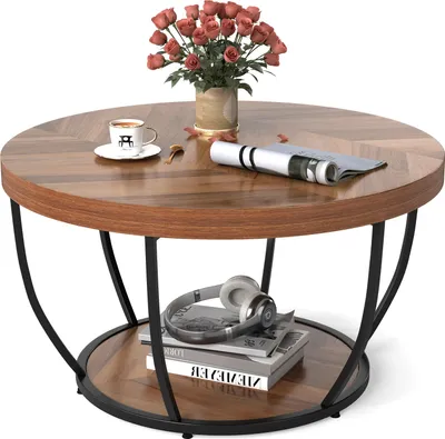Produktbild von Runde Couchtisch mit 2 Ablageebenen, Beistelltisch mit Holzoptikplatte & Robuster Metallrahmen, Sofaende, Industriestil, 80 x 80 x 45 cm, Natur