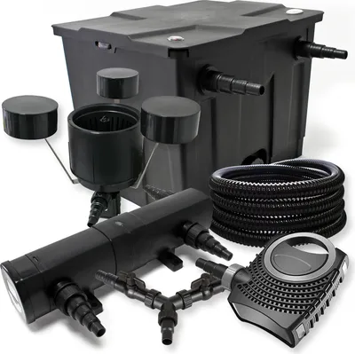 Immagine prodotto di Set completo SunSun: filtro per laghetto CBF-350 fino a 12000 L, pompa per laghetto CTF-8000 8000l/h 70W, chiarificatore per laghetto CUV-218 18W, tubo per laghetto 25m 25 mm, schiumatoio CSP-250 2500l/h 45W, distributore a Y