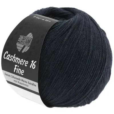 A ball of dark blue yarn with a black label wrapped around it.
