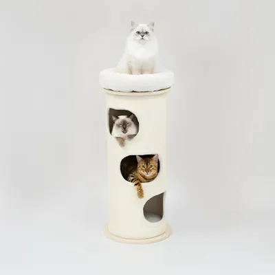 Produktbild von PetRhein Kratztonne 110cm,Kratzbaum aus Bambus und Sisal mit Zwei Kuschelhöhlen und Aussichtsplattform, Durchmesser 48 cm, Katzenturm für große Katzen