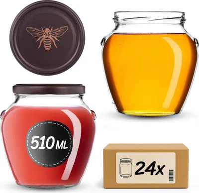 Immagine prodotto di Barattoli per conserve KADAX da 510 ml con coperchio a vite fi82mm, barattoli a vite con coperchio, barattoli per conserve, barattoli per la conservazione di miele, frutta e verdura, barattoli per conserve (Goldbiene, 24 pezzi)