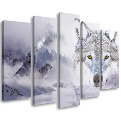 Produktbild von 5-teiliges leinwandbild wolf wald nebel natur grau 100x70 cm Feeby grau wandbild bereit zum aufhängen