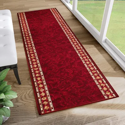 Produktbild von Läufer Teppich Meterware Flur Brücke Wohnzimmer Schlafzimmer Kurzflor Modern Design Rutschfest Rot Gelb Meliert Küche 67 x 970