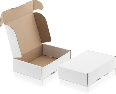 Two white cardboard boxes are shown against a white background. One box is open, revealing its brown interior, while the other is closed.