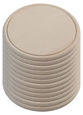 A close-up, isometric view of a wooden plate with a groove around the edge, stacked on top of similar plates.