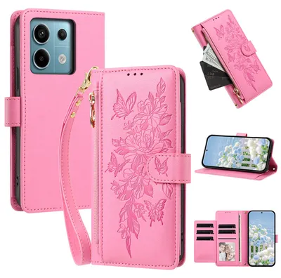 Image de Étui pour Xiaomi Redmi Note 13 Pro 5G, en cuir PU, type portefeuille, avec compartiments, support pour cartes et dragonne, couleur rose