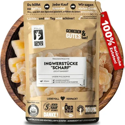 Produktbild von Ingwer, kandierter Ingwer - Ginger, Trockenfrüchte ungeschwefelt, Ingwer getrocknet, Ingwer Würfel, Ingwer kandiert scharf, 200g