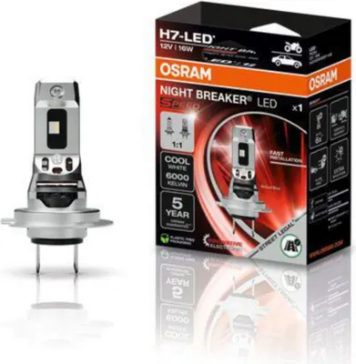 A product shot of an OSRAM NIGHT BREAKER LED H7 bulb next to its packaging.