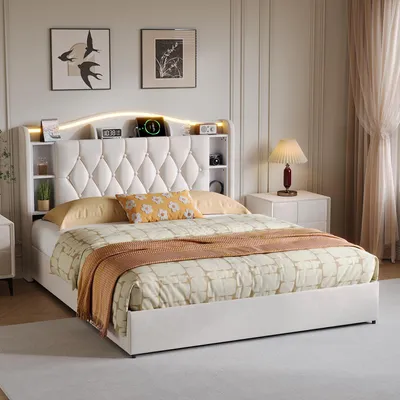 Productafbeelding van Boxspringbed 160x200 cm met hydraulische opbergruimte, RGB-verlichtingssysteem, hoofdeinde met opbergvakken, 2 USB-poorten en een draadloos oplaadplatform van 15W, fluweel, beige, zonder matras