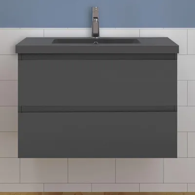 Produktbild von Waschtisch mit Unterschrank 80cm Alast Badmöbel Set Dunklegrau Waschbecken mit Unterschrank MDF Softclose