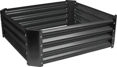 A square raised garden bed made of corrugated metal.
