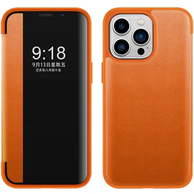 Obrázek produktu pro Pouzdro pro iPhone 14 Pro tenkéPolyuretankožené klopové pouzdro s okénkem pro zobrazení Pomerančový