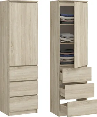 A tall, narrow wardrobe with drawers and shelves, shown from two angles.
