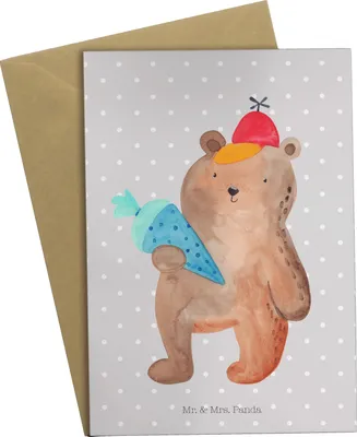 Produktbild von Mr. & Mrs. Panda Grußkarte Bär Schultüte - Grau Pastell - Geschenk, Teddy, weihnachtskarten, hochzeitskarten, osterkarten, Schulbeginn, Grundschule, genesungskarte