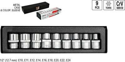 Produktbild von Steckschlüssel Einsätze Torx für E-Profilschrauben 9 Tlg CrV 1/2'  E10 - E24