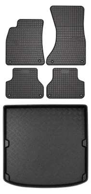 Zdjęcie produktu dla Dywaniki gumowe + mata bagażnika do Audi A4 B9 2015- (sedan) – czarne, dopasowane – Wielganizator SolidPRO