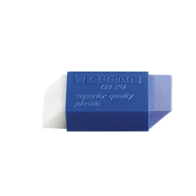 A blue and white eraser with text on it, isolated on a white background.