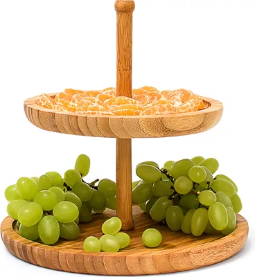 Produktbild von Relaxdays Etagere Bambus, HxD: 25 x 25 cm, 2-stöckige Obstetagere, für Gebäck, Snacks, Nüsse, Servierplatte, natur