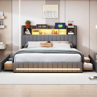 Produktbild von UnboxG Polsterbett 140x200 mit USB, Stauraumbett mit 4 Schubladen, Jugendbett Doppelbett mit Lattenrost und LED/Typ C, Holzbett Funktionsbett, Leinen, Grau