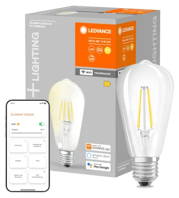 Immagine prodotto di LEDVANCE Lampada LED intelligente con tecnologia WiFi, base E27, dimmerabile, bianco caldo (2700 K), sostituisce le lampade a incandescenza da 60 W, SMART+ WiFi Filament Edison Dimmable, 1-pack