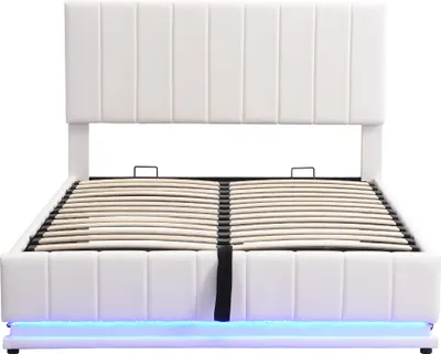 Obrázek produktu pro Čalouněná postel Fortuna Lai 140 x 200 cm s LED osvětlením, kovovým roštem a úložným prostorem, dvojlůžko s výškově nastavitelným čalouněným čelem a hydraulickým úložným prostorem, béžová (bez matrace)