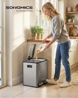 Obrázek produktu pro Odpadkový koš se 2 přihrádkami, odpadkový koš 2 x 15 l, šlapací odpadkový koš s víkem Softclose, do kuchyně, s vyjímatelnými vnitřními koši,