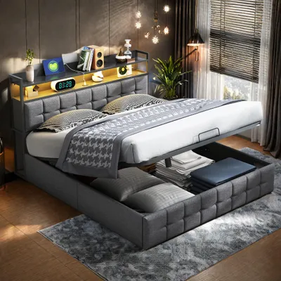 Immagine prodotto di Letto matrimoniale UnboxG 140 x 190 cm con illuminazione LED, connessione USB e Type-C - letto imbottito con contenitore, rivestimento in tessuto, grigio, testata con luce
