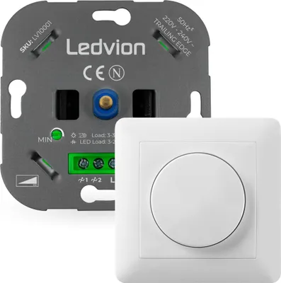 Produktbild von Ledvion - LED Dimmer Schalter, Drehdimmer Unterputz Dimmschalter, Phasenabschnitt, für dimmbare LEDs 3–250W / Halogen 3–300W, 220-240V, Weiß Abdeckrahmen, Dimmer für LED Lampen