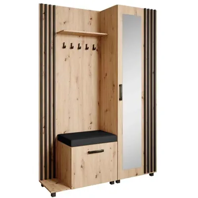 Produktbild von Garderoben-Set LIVIA Links Eiche Artisan – Garderobenschrank mit Spiegel, Schuhschrank mit schwarzen Sitzkissen, Lamellen in Schwarz, Hochschrank