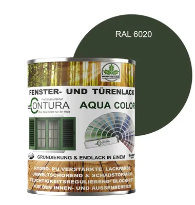 Produktbild von Contura 750ml Fenster und Türenlack Seidenmatt nach RAL 2in1 mit Pinsel Möbellack Innen und Außen Holzlack - RAL 6020 Chromoxidgrün