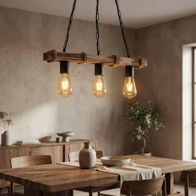 Produktbild von Pendelleuchte Metall H: max. 85 cm geflammtes Holz Schwarz E27 3-flammig länglich Rustikal Hängeleuchte
