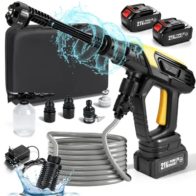 Produktbild von 45Bar 360 L/h Akku Hochdruckreiniger mit 2× 4.0Ah Akkus, 6-IN-1-Düse, 300 W Hochdruckreinigungsmaschine, Schaumsprüher & 5m Schlauch für Auto