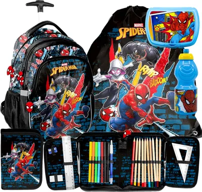 Produktbild von 5tlg Spiderman Schulranzen Schultrolley set Federtasche Sportbeutel Trinkflasche Brotdose