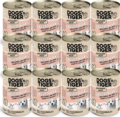 Produktbild von Dogs’n Tiger Junior, Hundefutter, Grünschnabel, Hunde Nassfutter, Welpen Futter, Geflügel, Getreidefrei, Naturreis, Karotte & Zucchini, 12x400g